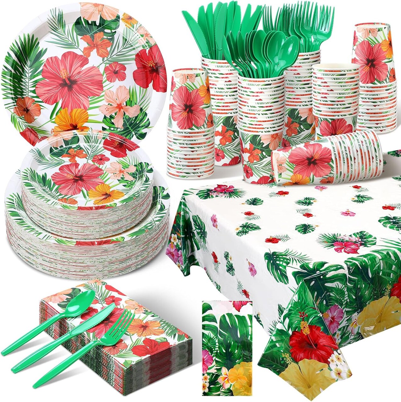 402 Pcs Hawaiian Floral Paper Plates and Napkins Spring Summer Disposable Dinnerware Set for 50 Guests Flower Party Supplies Floral Plates Napkins Cups Tablecloths for Birthday Baby Shower